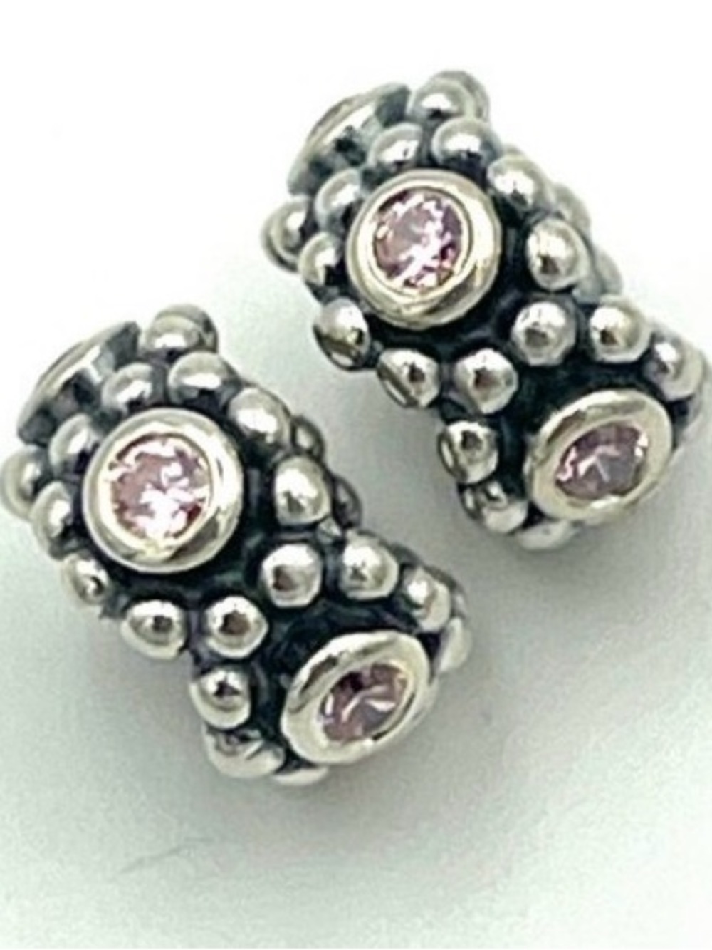 Two Pandora Her Majesty Sterling Silver Bead Earrings with Light Pink Stones
